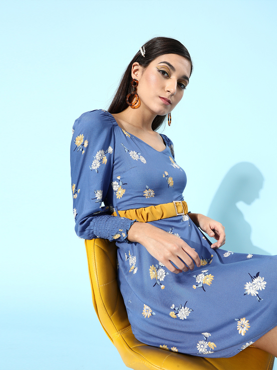 KASSUALLY Women Stunning Blue Floral Sweetheart Neck Dress