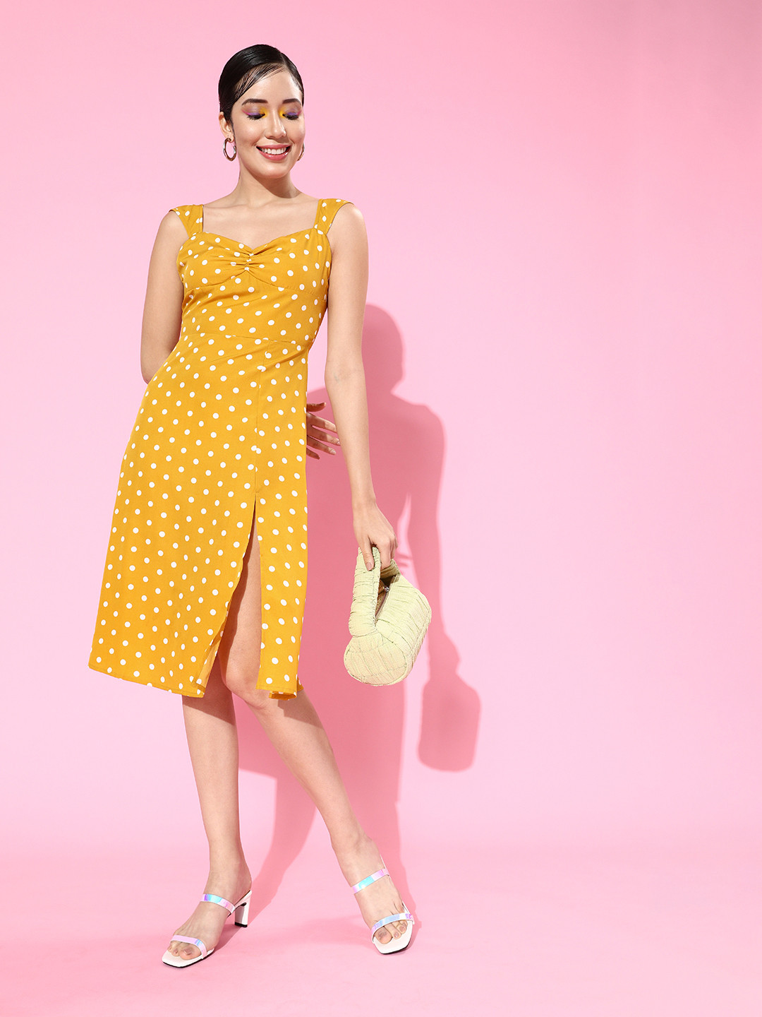 Berrylush Women Bright Yellow Polka Dots Sweetheart Neck Dress