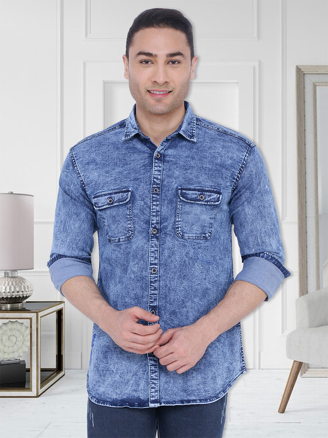 Kuons Avenue Men Blue Denim Slim Fit Faded Opaque Faded Casual Shirt