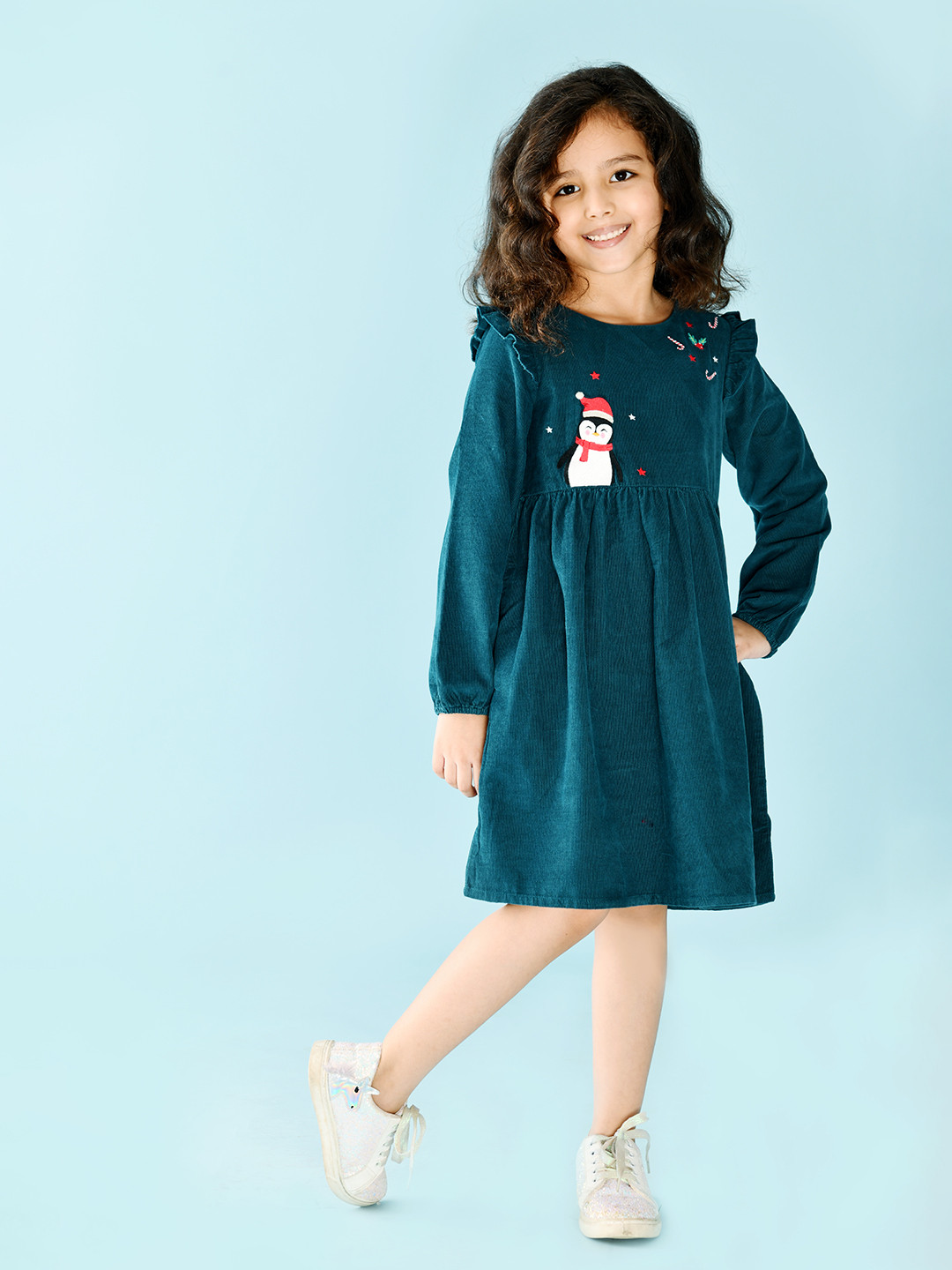 Beebay Girls Green Penguin Embroidered A-Line Corduroy Dress