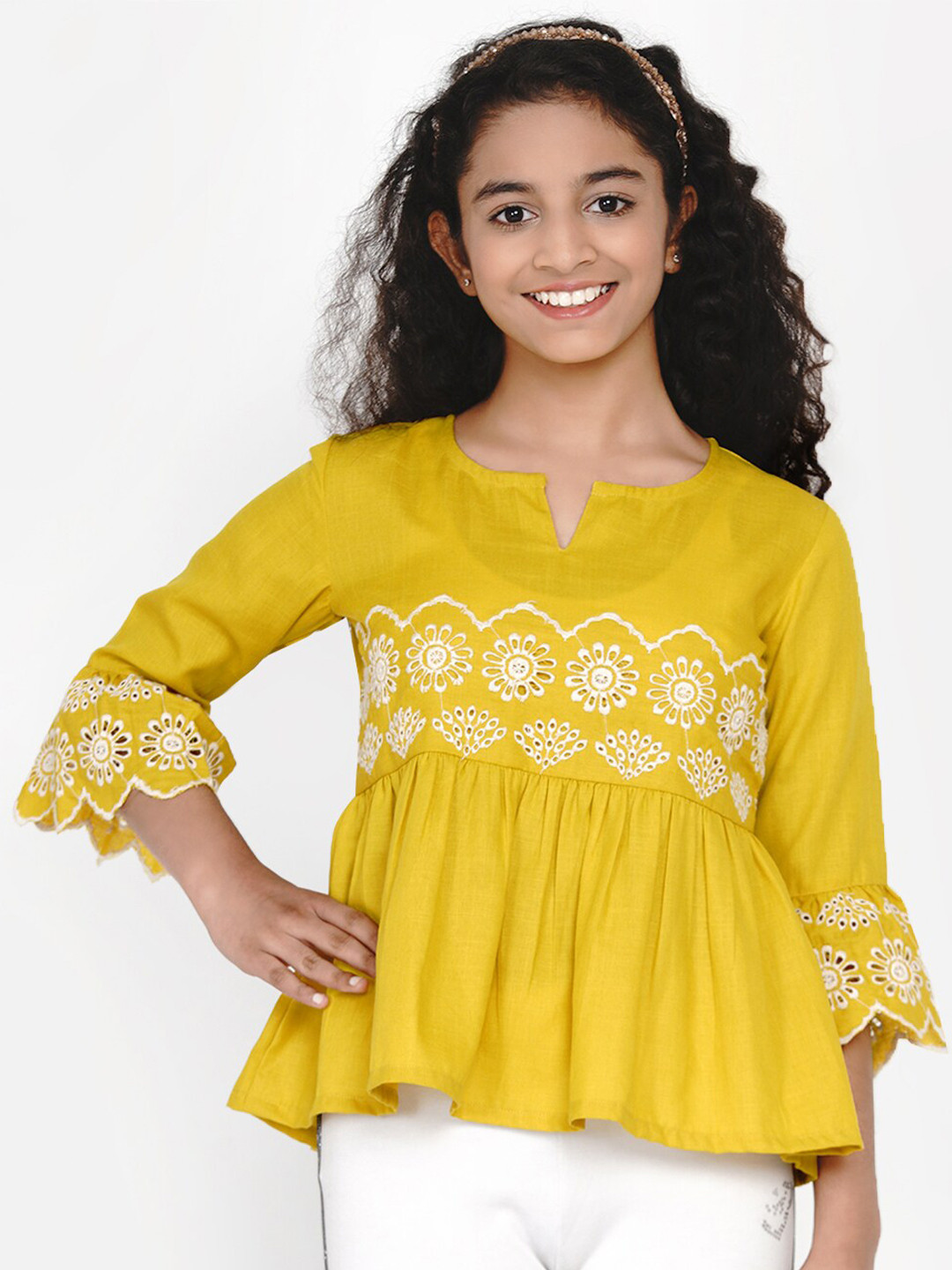 Bitiya by Bhama Girls Mustard Yellow Keyhole Neck Bohemian Cinched Waist Top