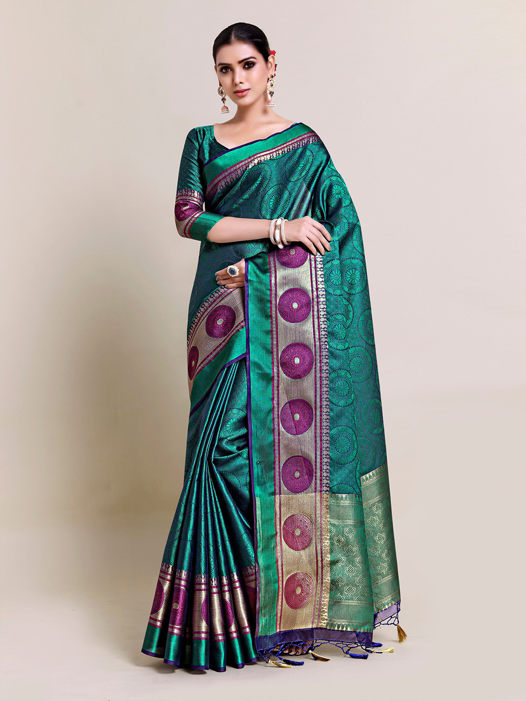 MIMOSA Green & Magenta Floral Zari Art Silk Banarasi Saree