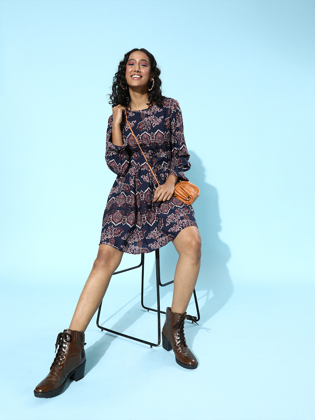 Kassually Women Deep Navy Blue Knee Length Ethnic Motifs Dress