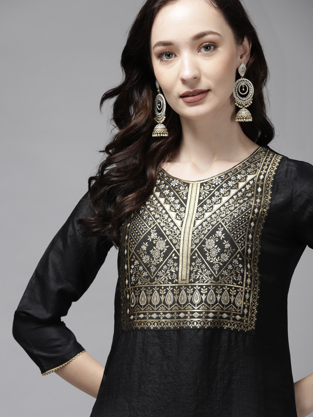 Indo Era Women Black & Golden Ethnic Motifs Yoke Design Kurta