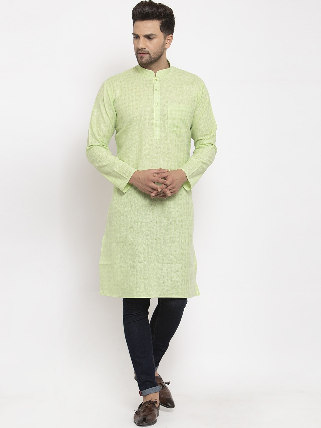 KRAFT INDIA Men Sea Green & asparagus green Chikankari Dobby Kurta