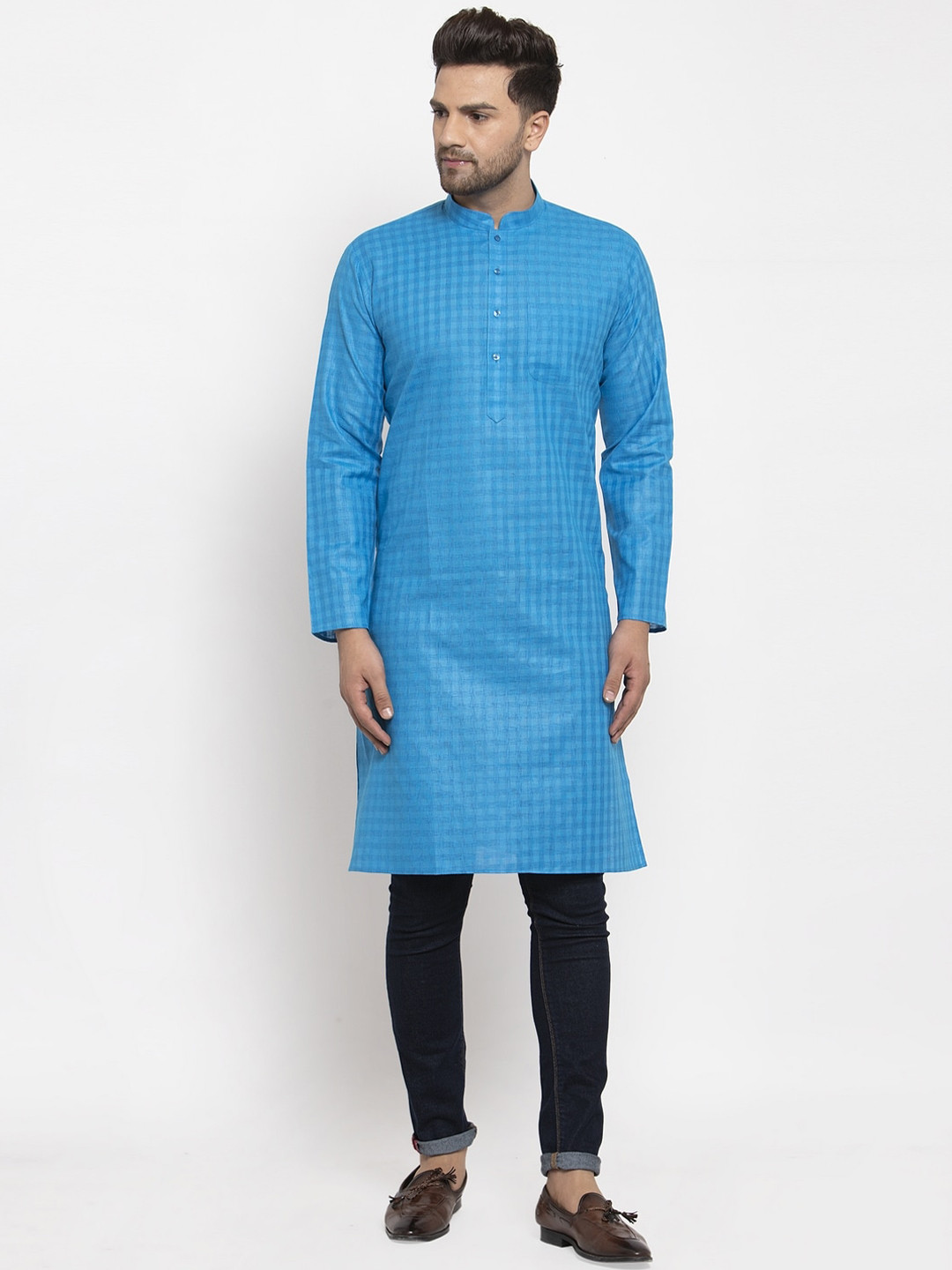 KRAFT INDIA Men Blue Woven Design Dobby Straight Kurta