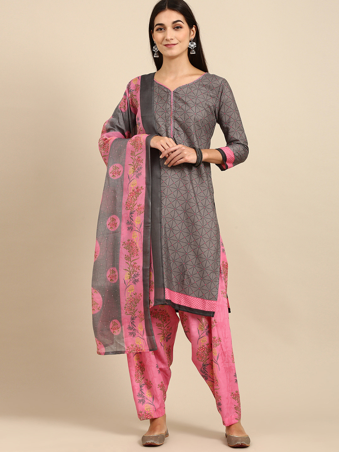 Rajnandini Grey & Pink Printed Unstitched Dress Material