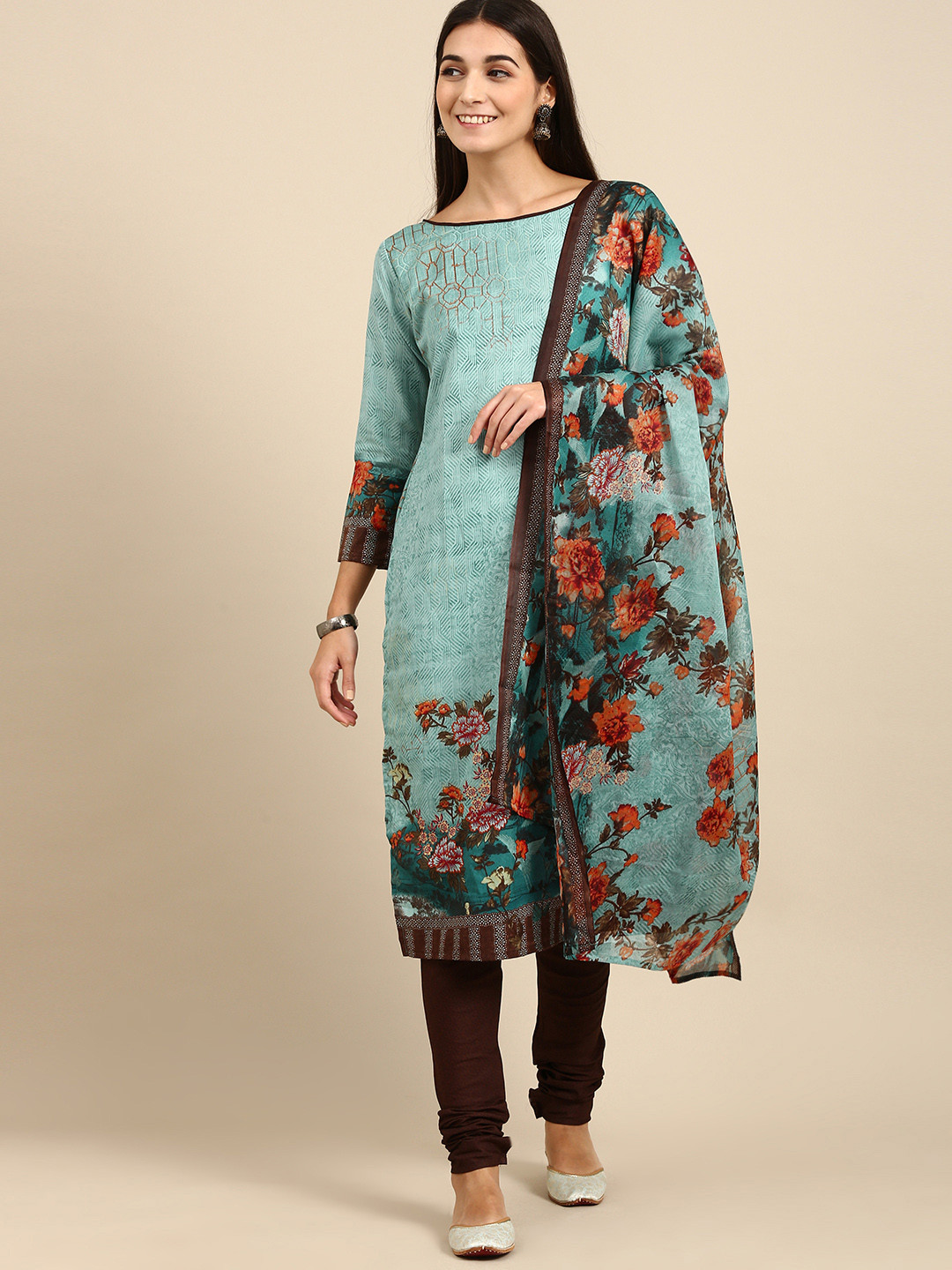 Rajnandini Green & Maroon Printed Unstitched Dress Material