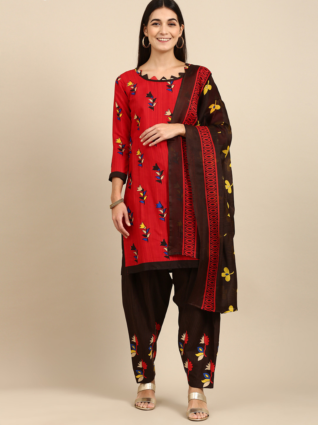 Rajnandini Red & Brown Printed Unstitched Dress Material