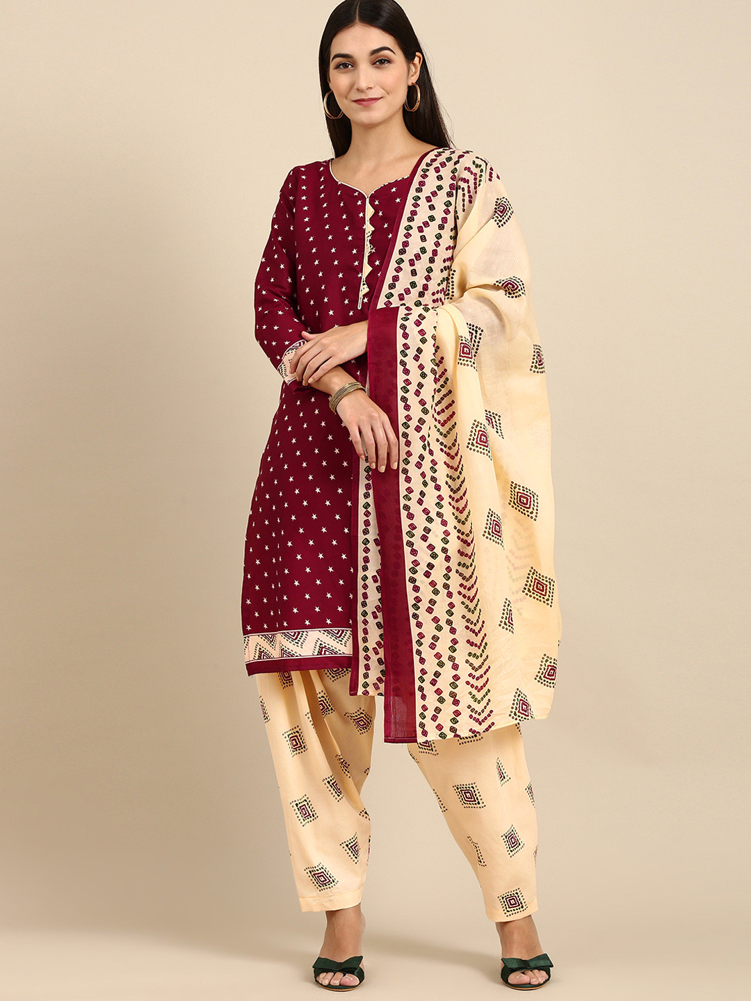 Rajnandini Maroon & Beige Printed Unstitched Dress Material