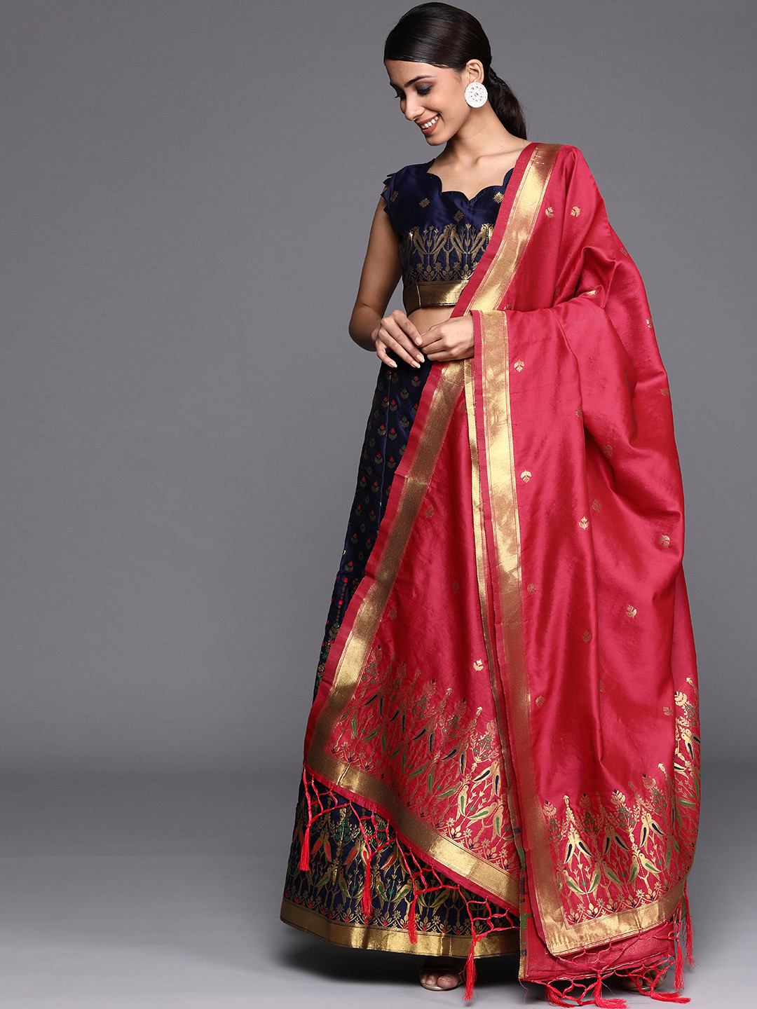 Mitera Navy Blue & Golden Semi-Stitched Lehenga & Unstitched Blouse With Dupatta