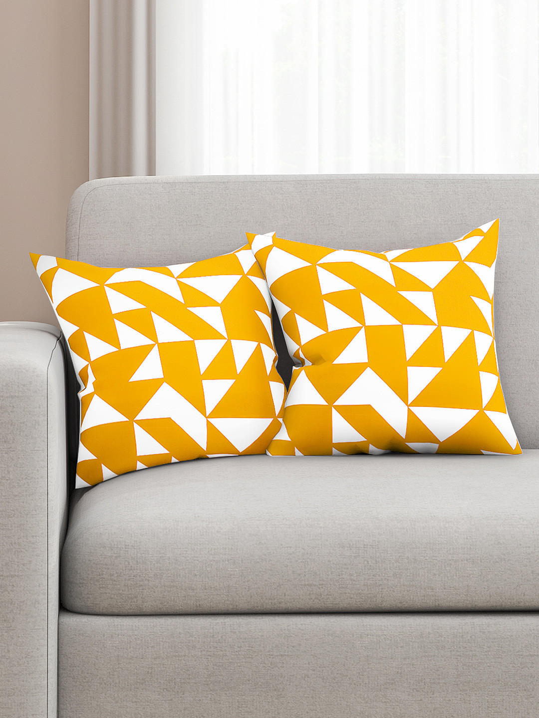 SEJ by Nisha Gupta Yellow & White Set of 2 Printed 16'' x 16'' Square Cushion Covers