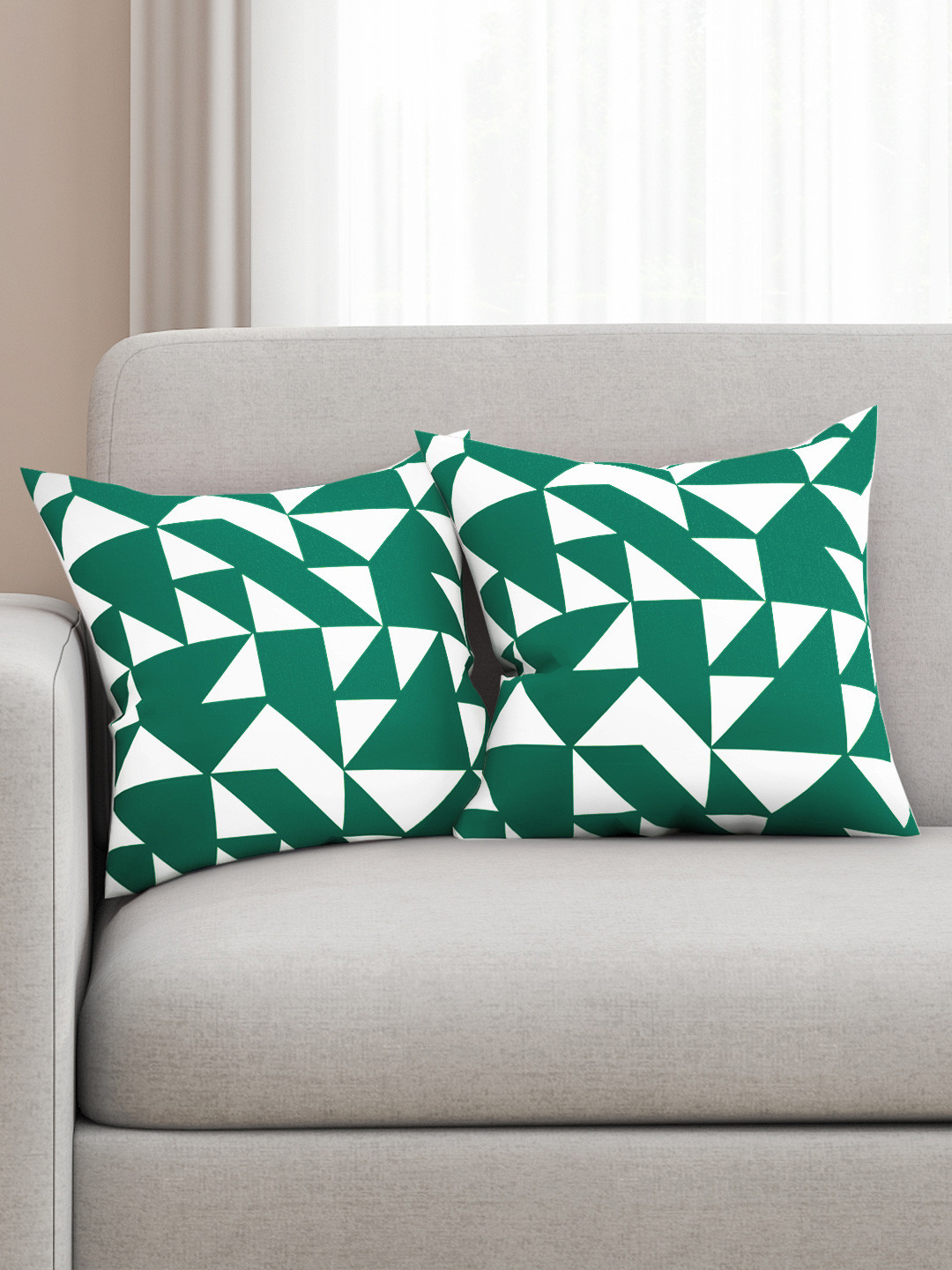 SEJ by Nisha Gupta White Geometric Cotton HD Digital 2 Pcs Cushion Covers - 16 x 16 Inches