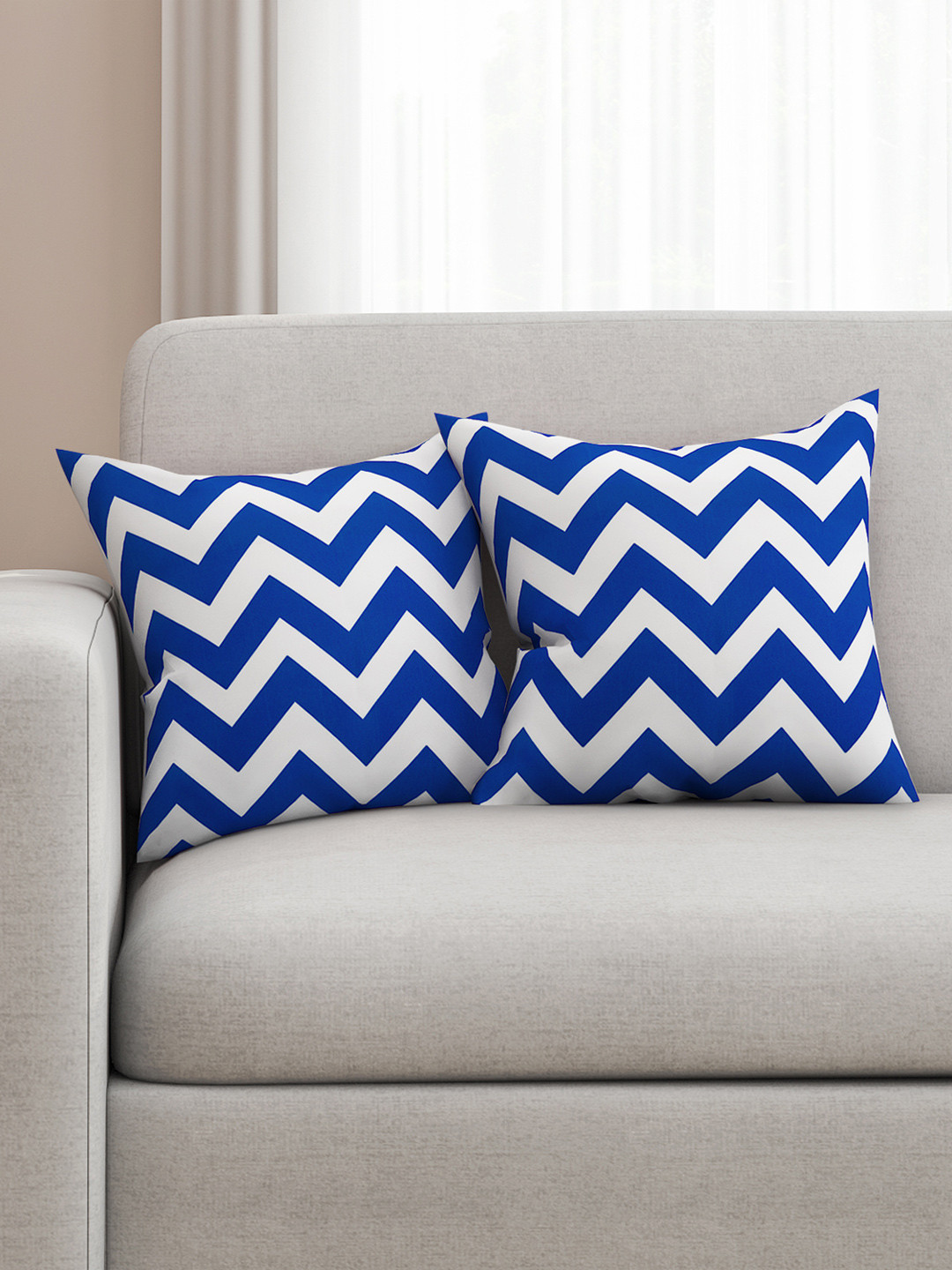 SEJ by Nisha Gupta Geometric Blue Chevron Cotton HD Digital 2 Pcs Cushion Covers -16x16In