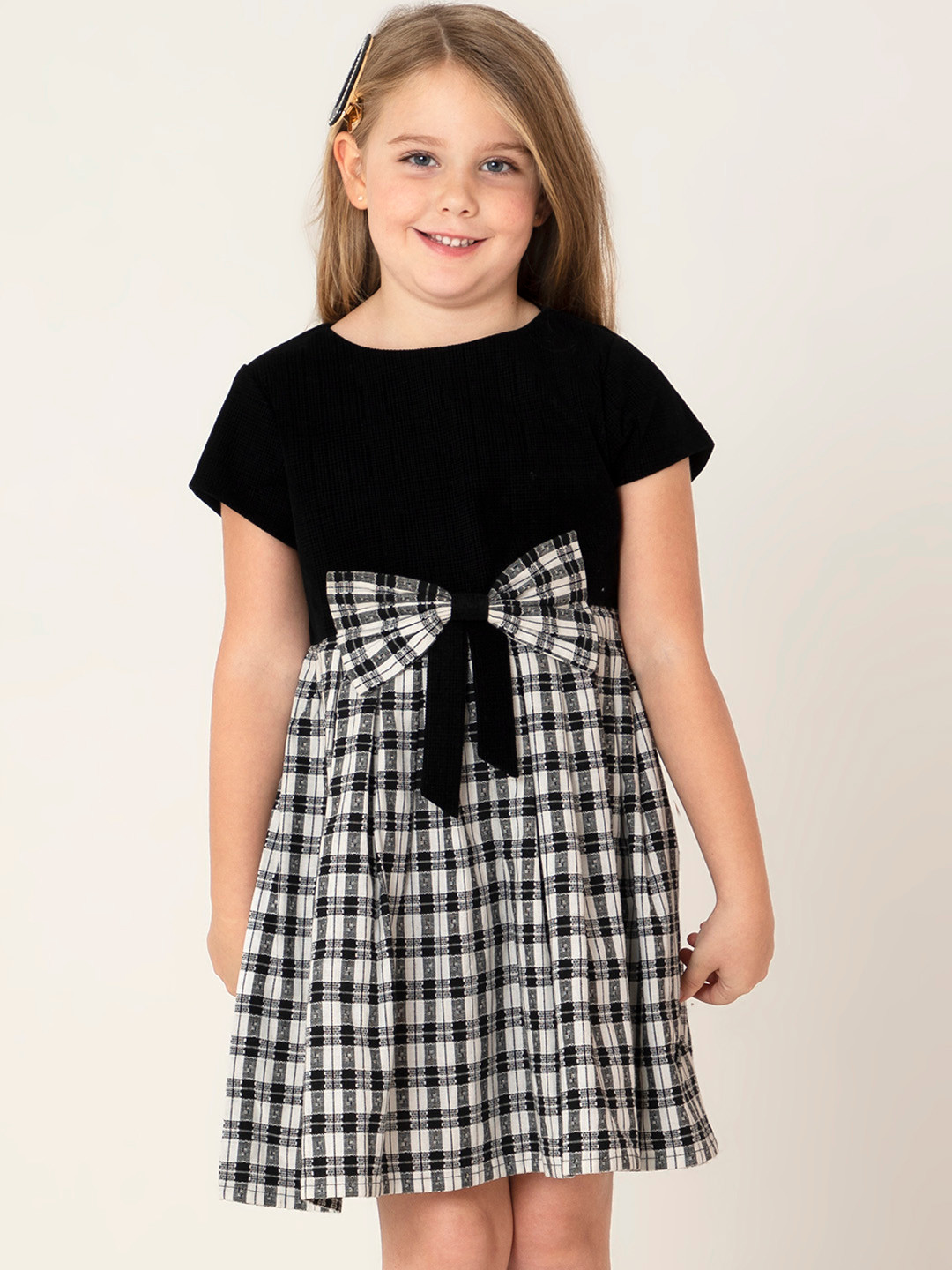 Cherry Crumble Girls Black & White Checked Corduroy Bow Detail Cotton Fit & Flare Dress