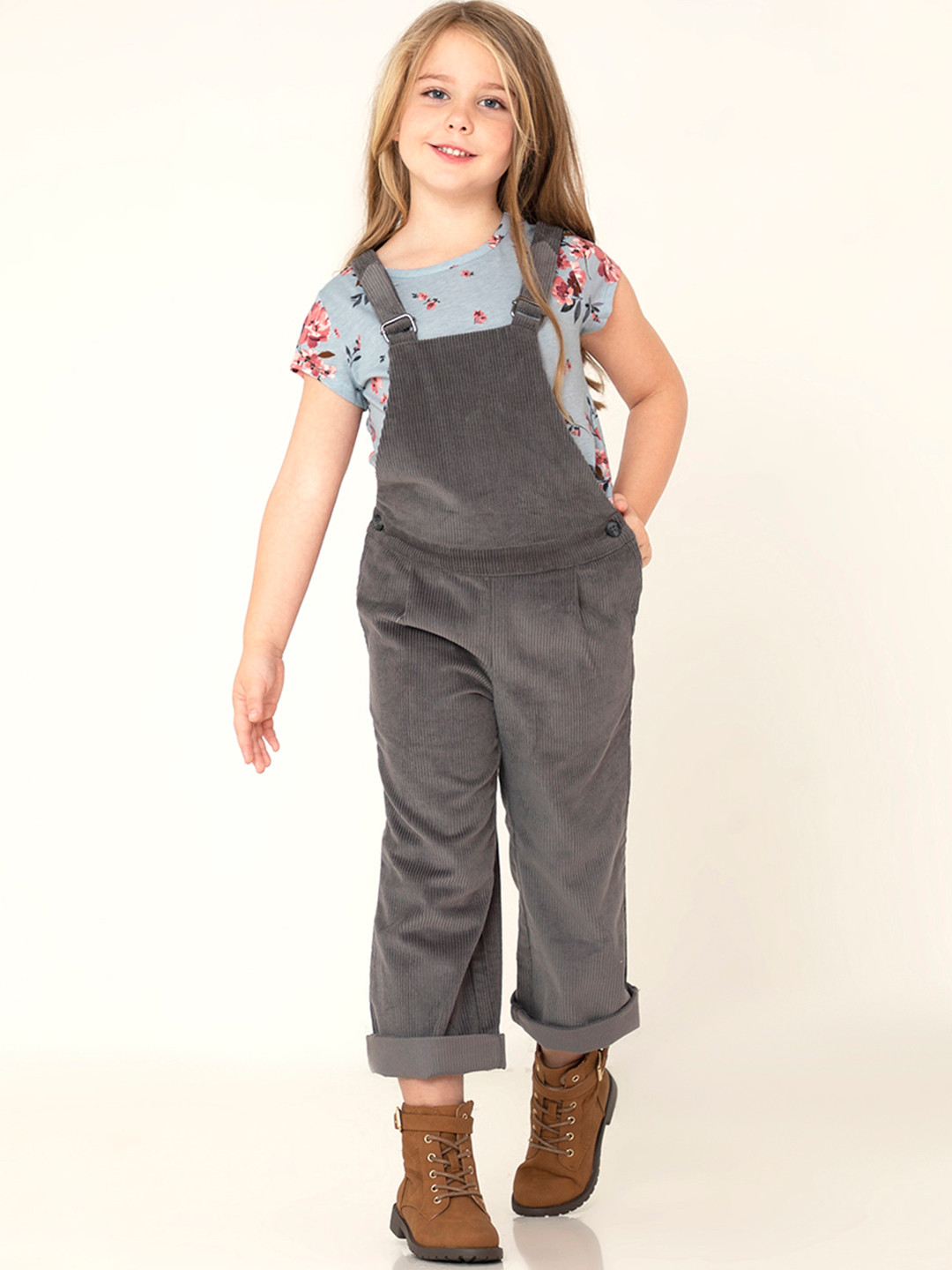 Cherry Crumble Girls Charcoal Grey Solid Flared Fit Cotton Corduroy Dungarees
