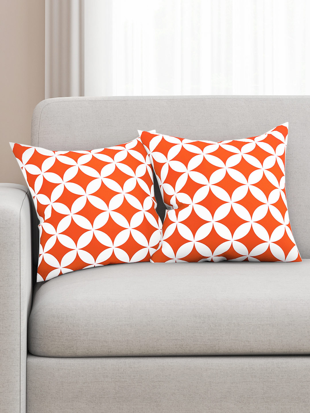 SEJ by Nisha Gupta Orange & White Set of 2 Printed 16'' x 16'' Square Cushion Covers