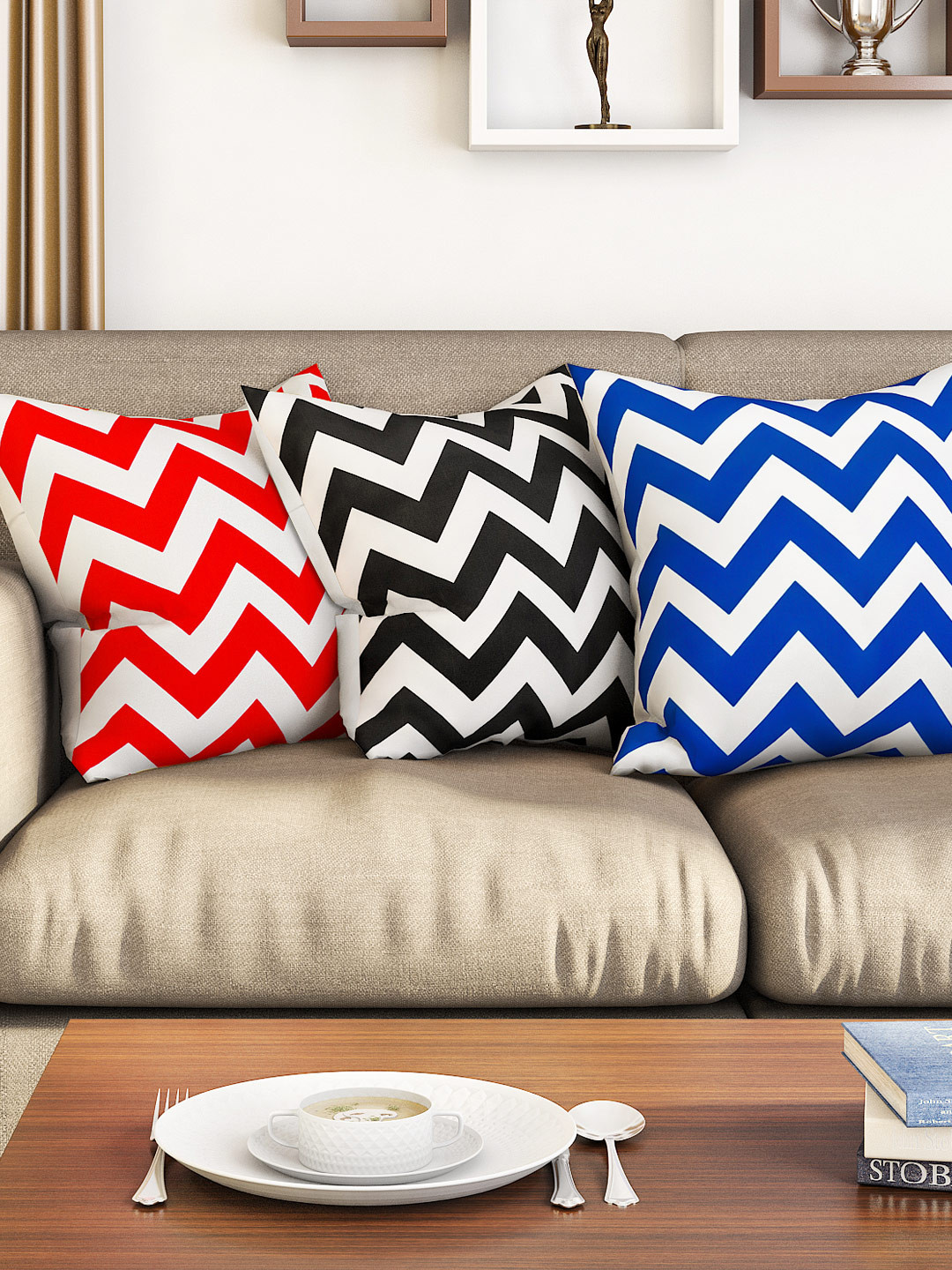 SEJ by Nisha Gupta Geometric Chevron Cotton HD Digital 3 Pcs Cushion Covers -16x16In