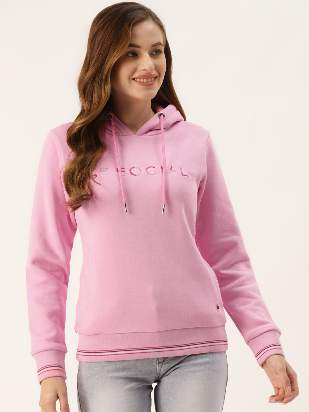 Monte Carlo Women Pink Solid Hooded Sweatshirt with Embroidered Details