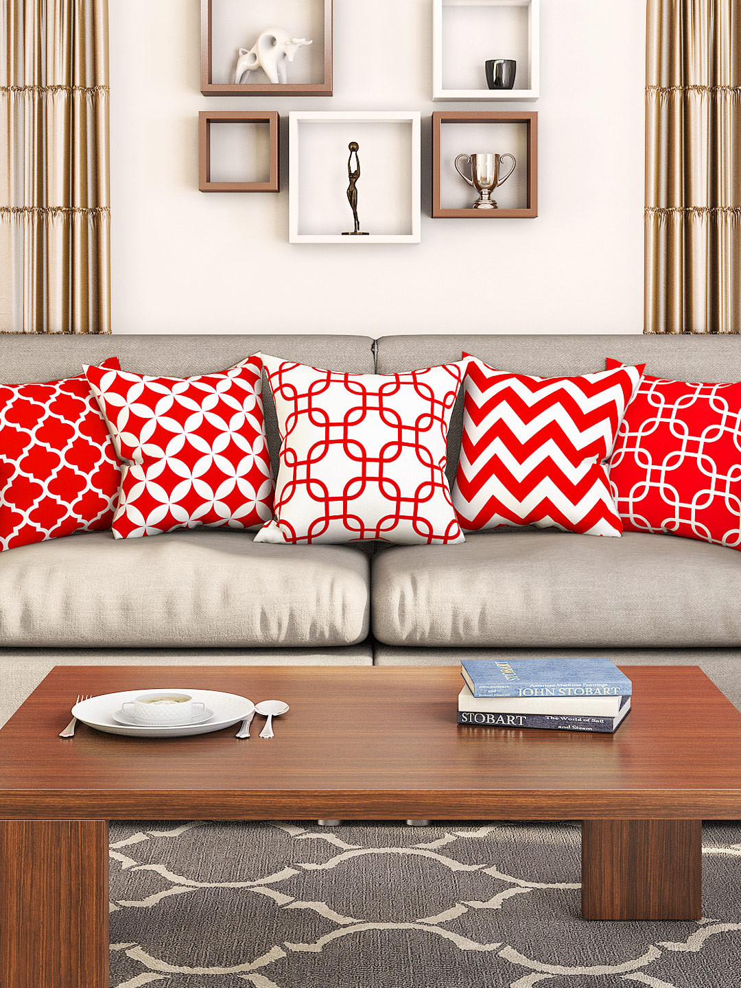 SEJ by Nisha Gupta Red & White Set of 5 16'' x 16'' Square Cushion Covers