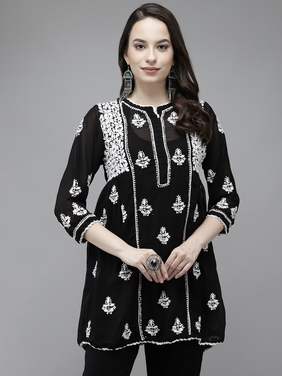 ADA Black Ethnic Motifs Woven Design Pure Georgette Chikankari Kurti with Matching Slip