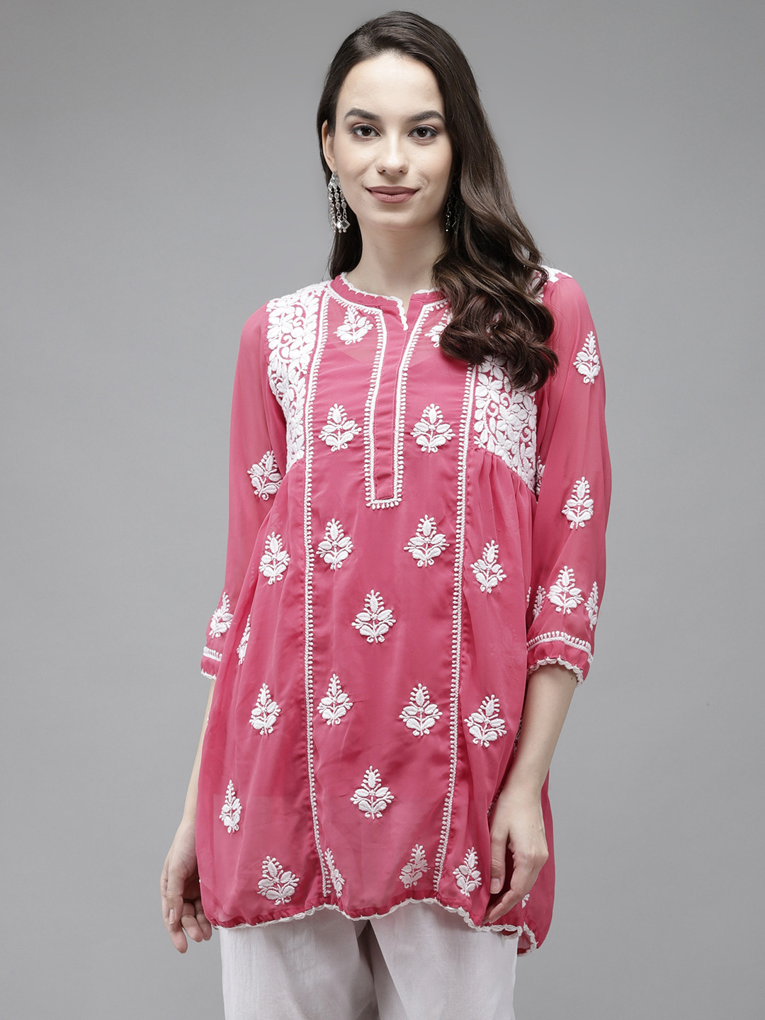 ADA Pink Ethnic Motifs Woven Design Pure Georgette Chikankari Handloom Kurti with a Matching Slip