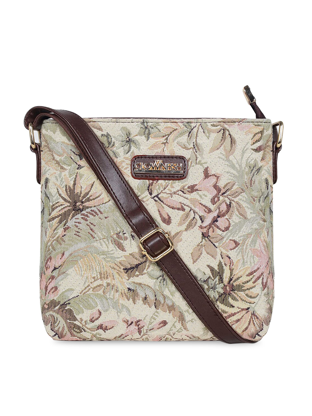 THE CLOWNFISH Linda Beige Floral Printed Structured Sling Bag