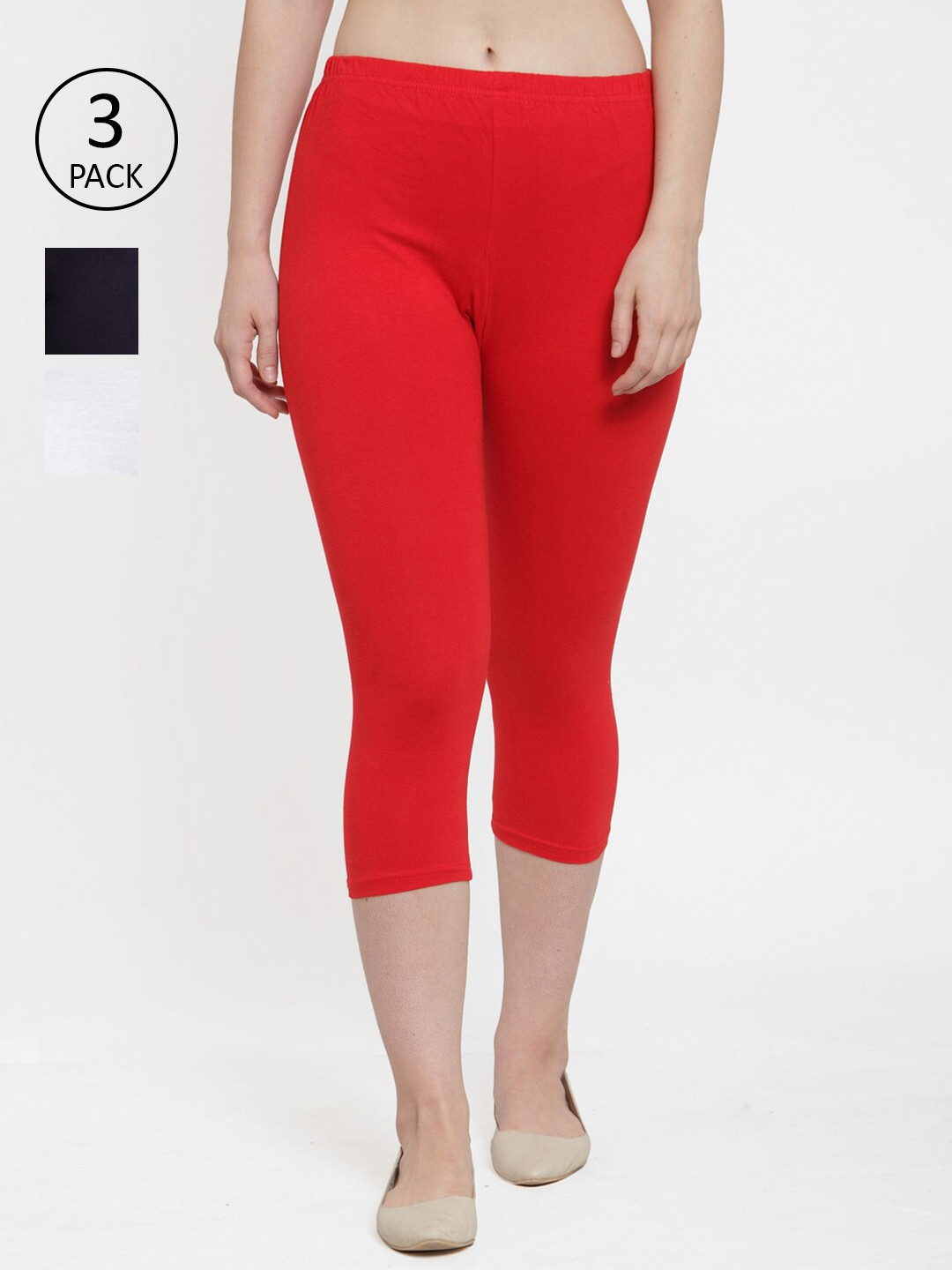 GRACIT Women Set of 3 Red & Navy Blue Solid Capris
