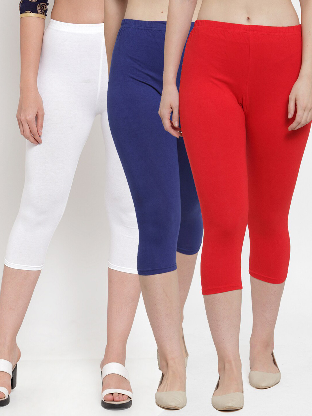 GRACIT Women Set of 3 White & Red Solid Capris
