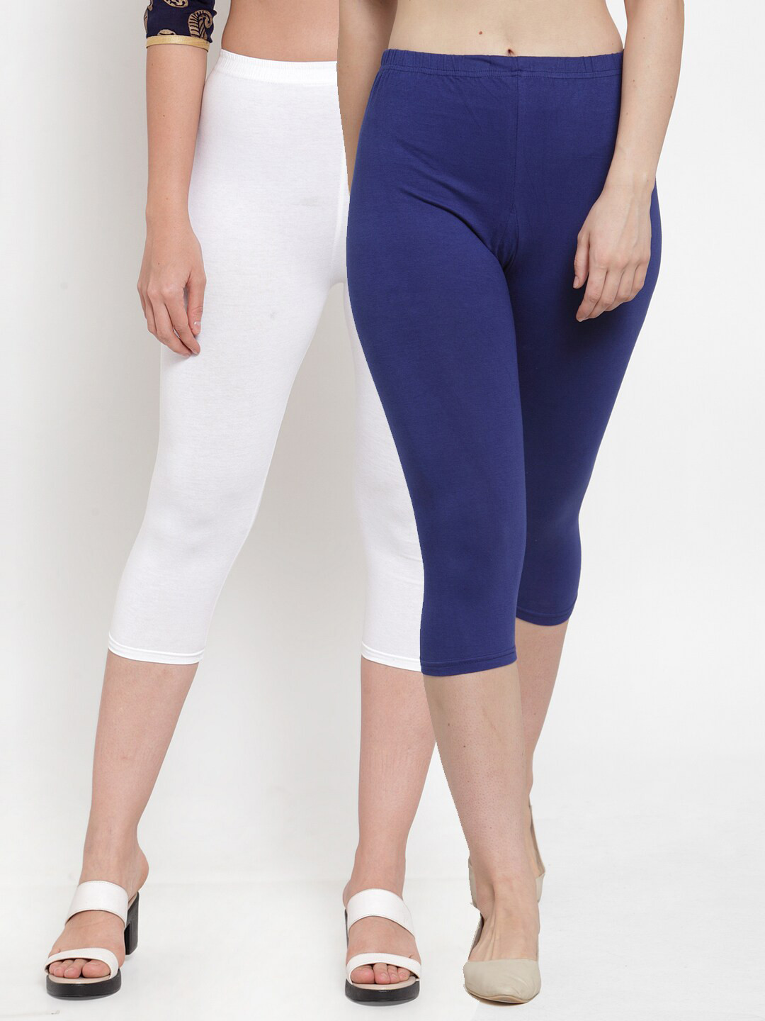 GRACIT Women Set of 2 White & Navy Blue Solid Capris