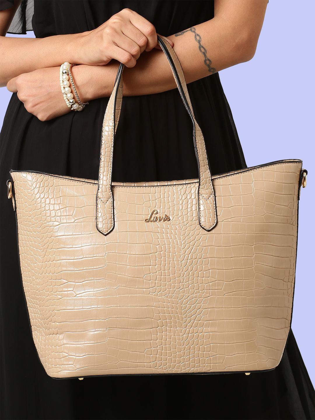 Lavie Women Hailon Beige Animal Textured Oversized Structured Tote Bag
