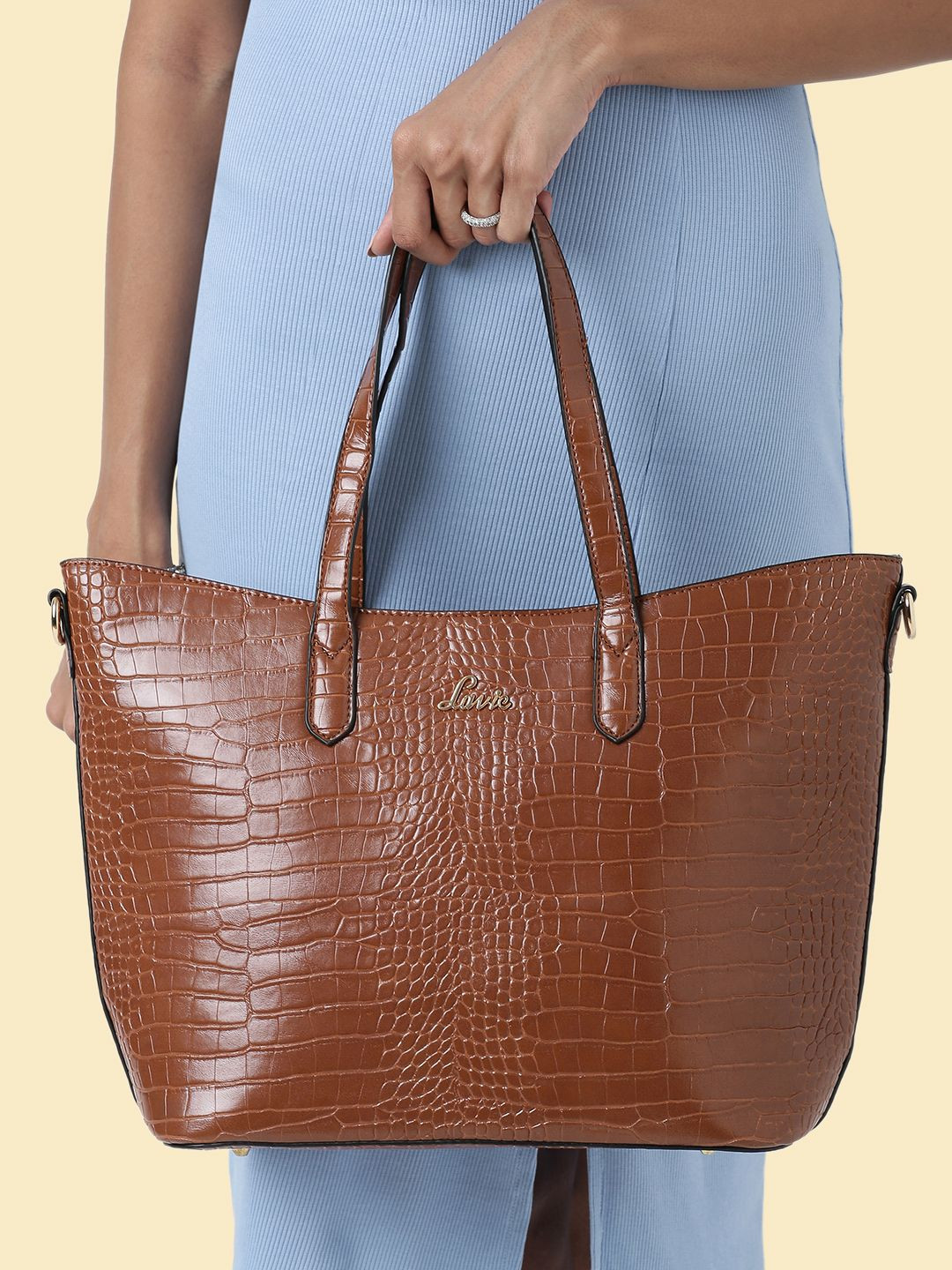 Lavie Women Hailon Brown Animal Textured Structured Oversized Tote Bag