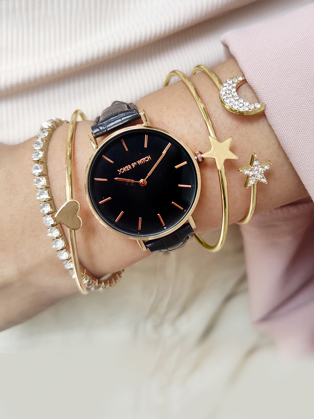JOKER & WITCH Women Gold-Toned & Black Watch Bracelet Stack JWBS545