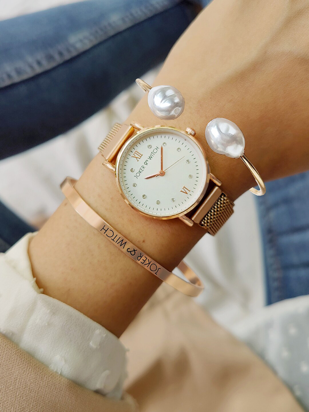 JOKER & WITCH Women White & Rose Gold-Toned Leah Watch Gift Set JWBS410