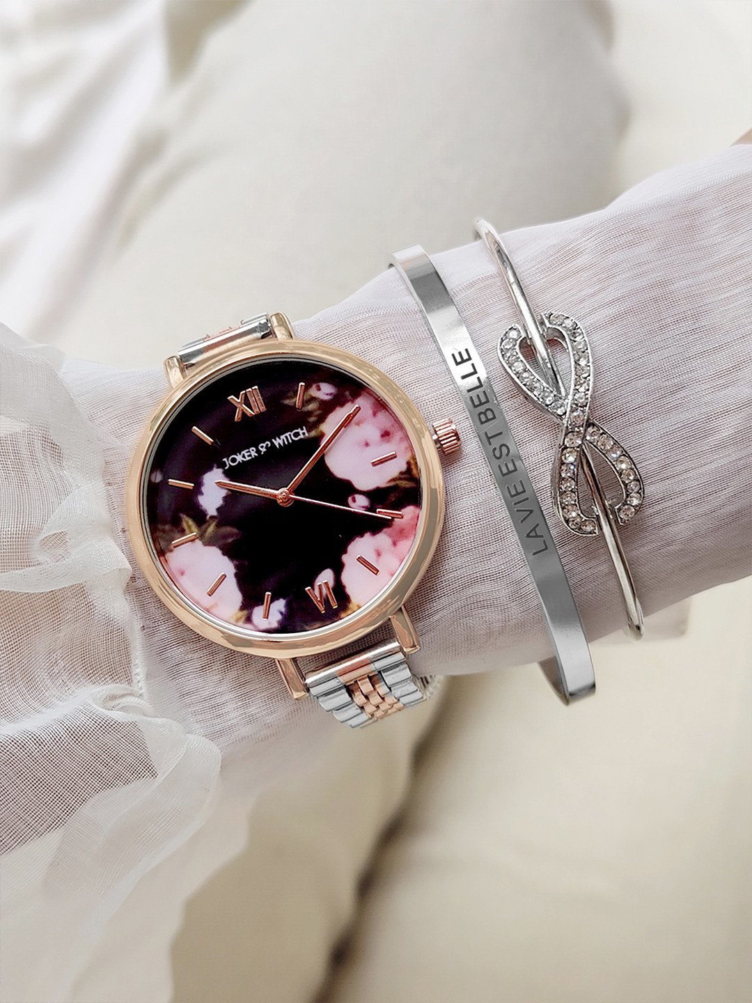 JOKER & WITCH Women Black & Pink Watch Bracelet Stack Gift Set JWBS428