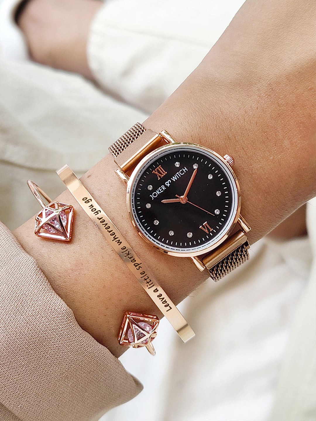 JOKER & WITCH Women Rose Gold-Toned & Black Lucianna Watch Bracelet Stack Gift Set JWBS460