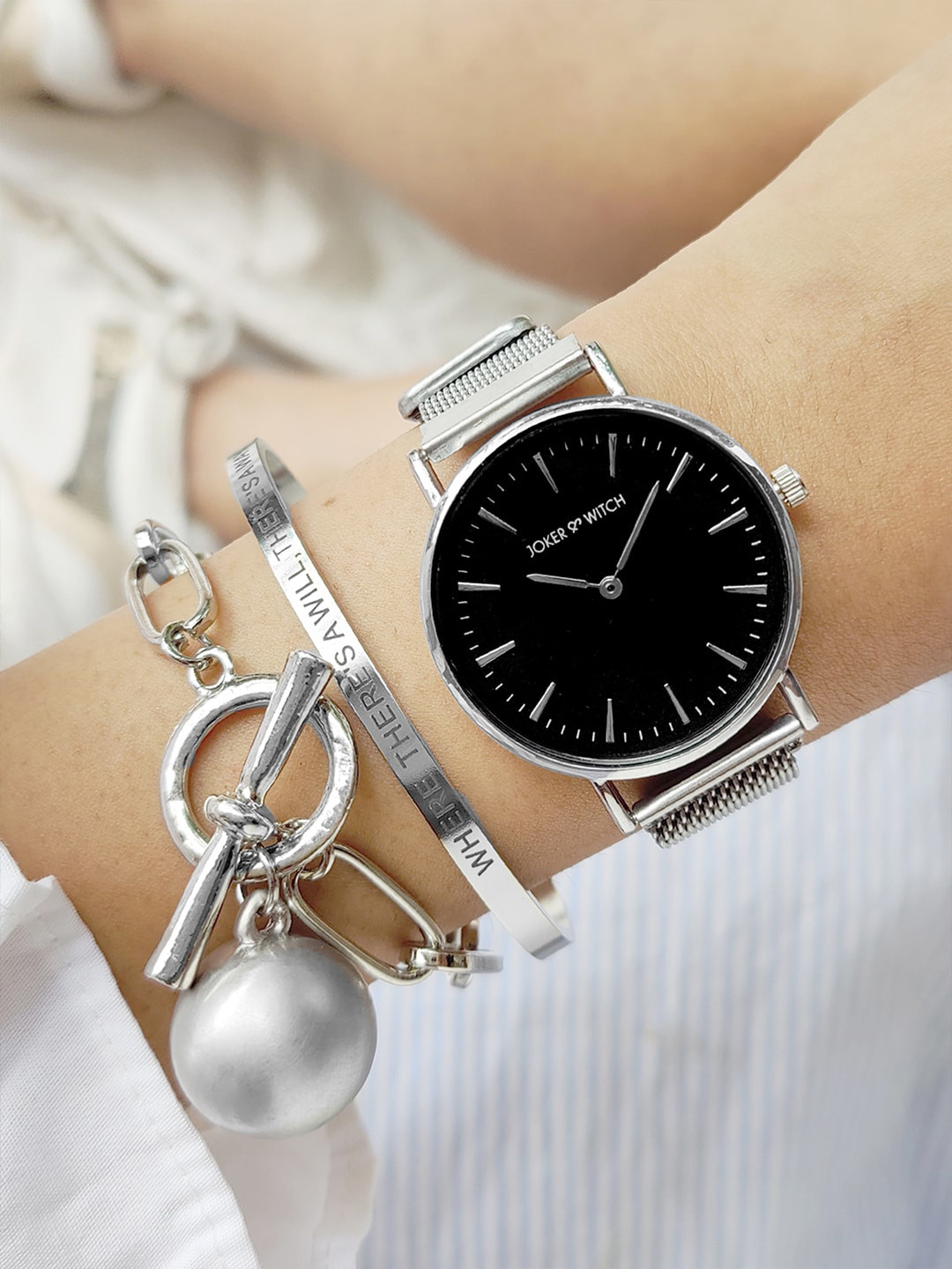 JOKER & WITCH Women Silver-Toned & Black Amber Watch Gift Set - JWBS435