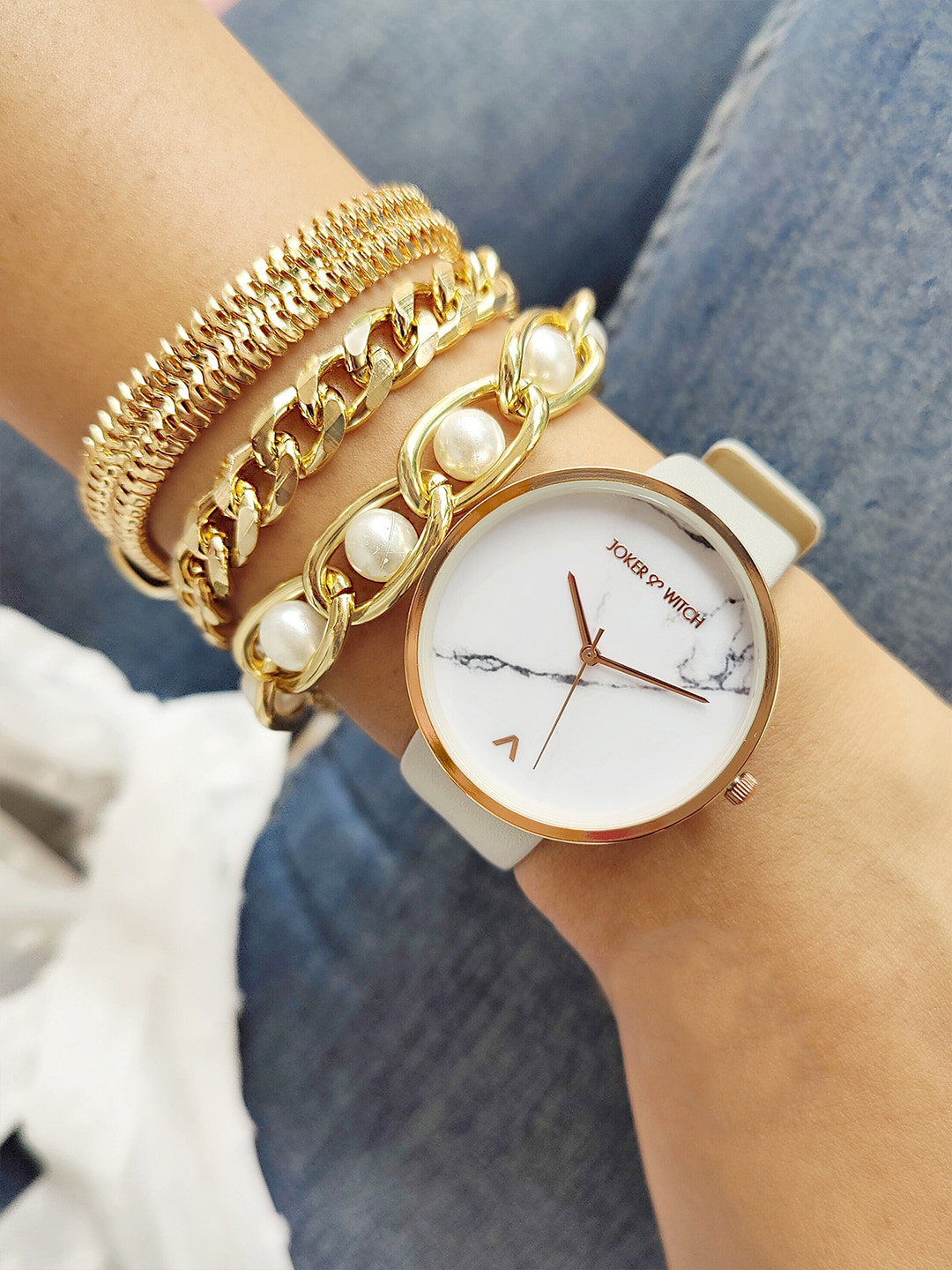 JOKER & WITCH Women White & Gold-Toned Nova Watch Gift Set JWBS415