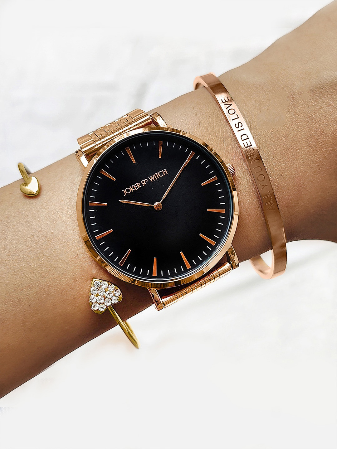JOKER & WITCH Women Black & Rose Gold-Toned Aila Watch Gift Set JWBS554
