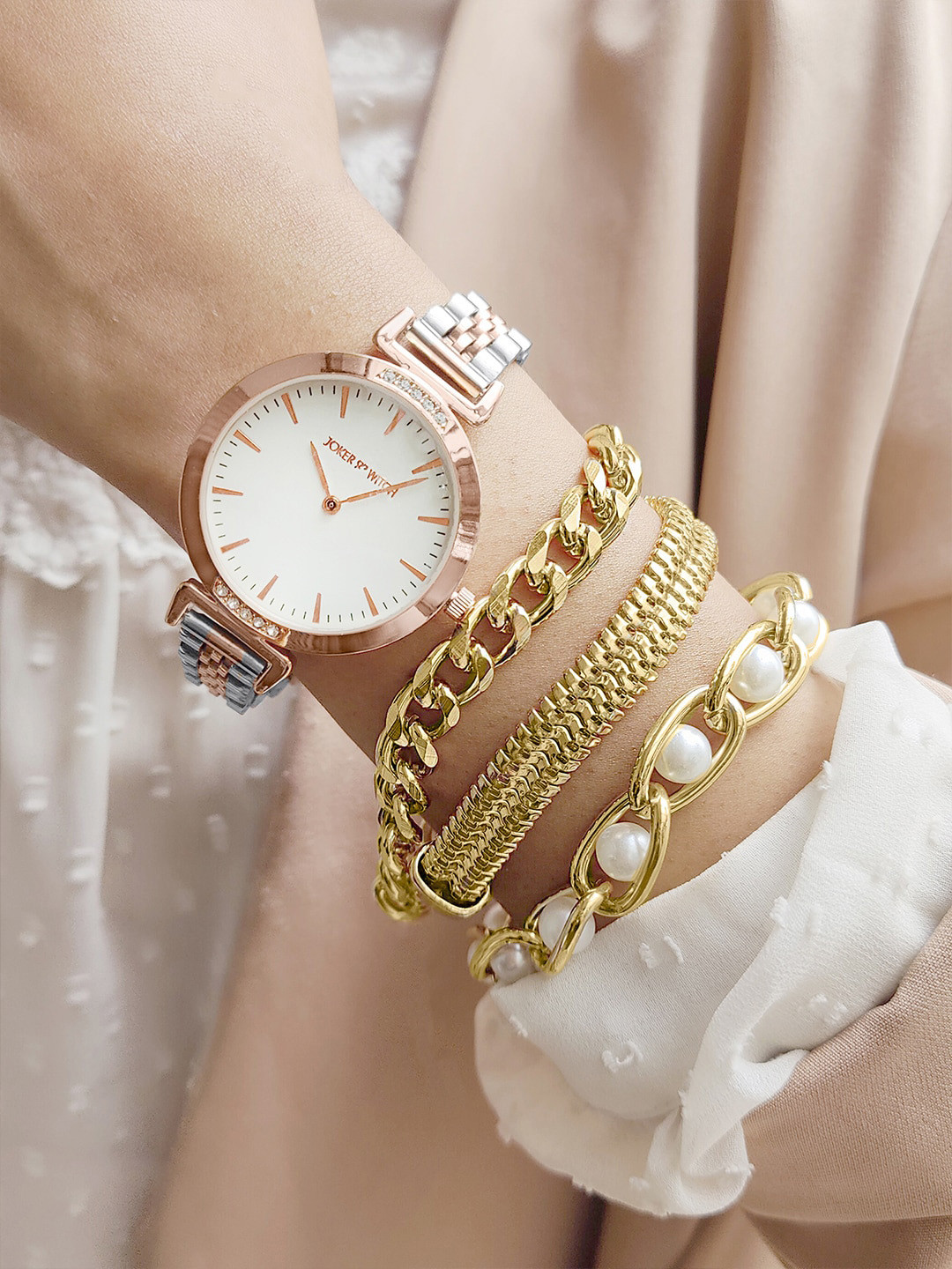 JOKER & WITCH Women White & Rose Gold-Toned Claire Watch Gift Set JWBS420