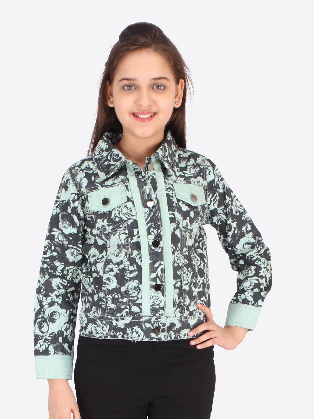 CUTECUMBER Girls Black & Green Floral Printed Jacket