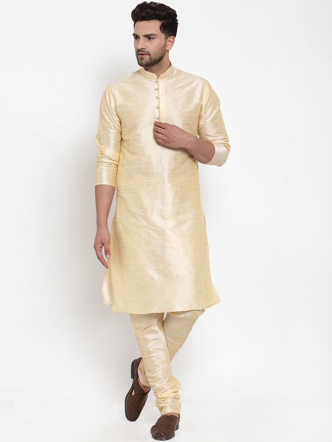 KRAFT INDIA Men Beige Regular Dupion Silk Kurta with Churidar