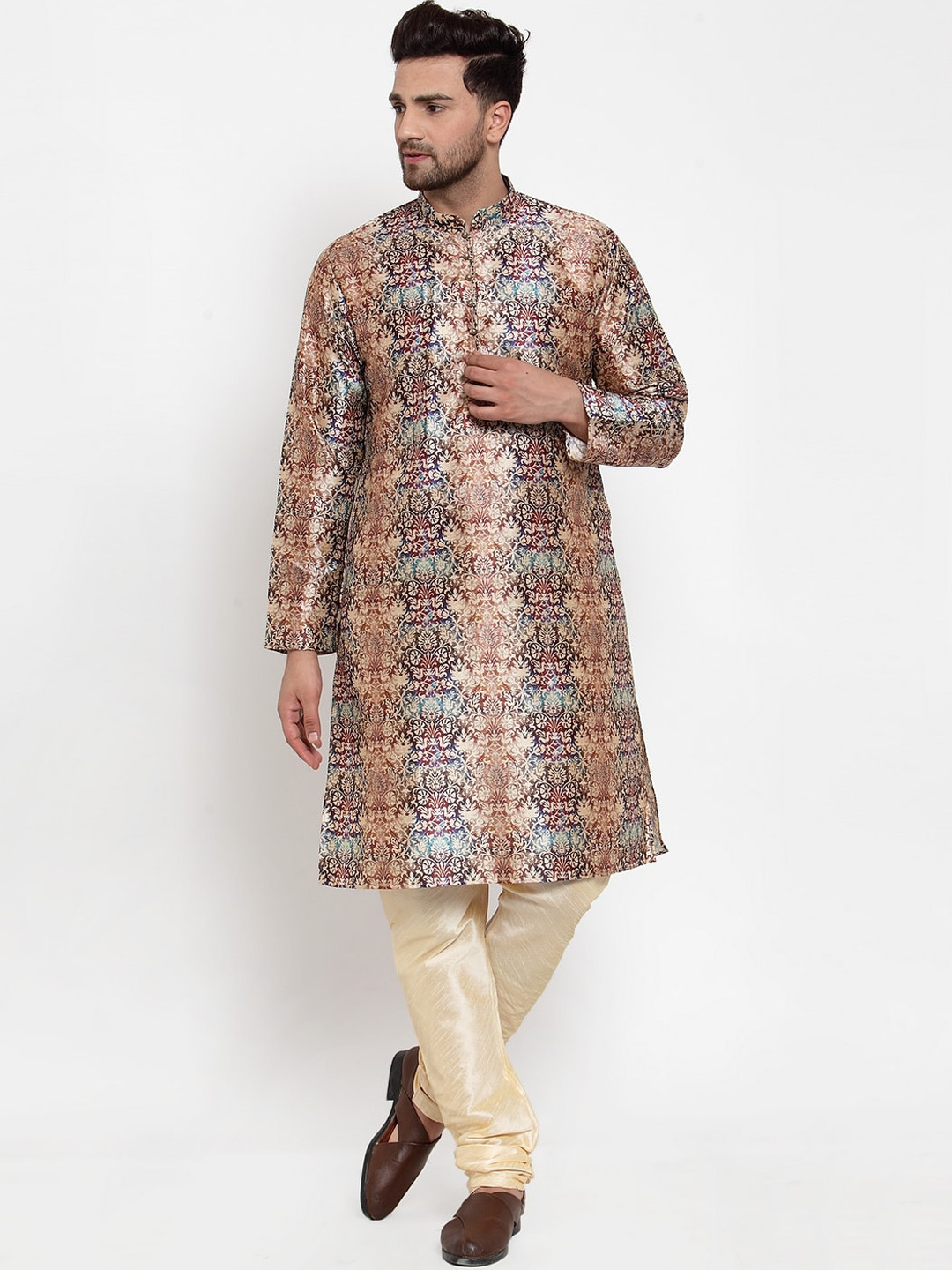 KRAFT INDIA Men Multicolour Ethnic Motifs Printed Tussar Silk Kurta With Churidar