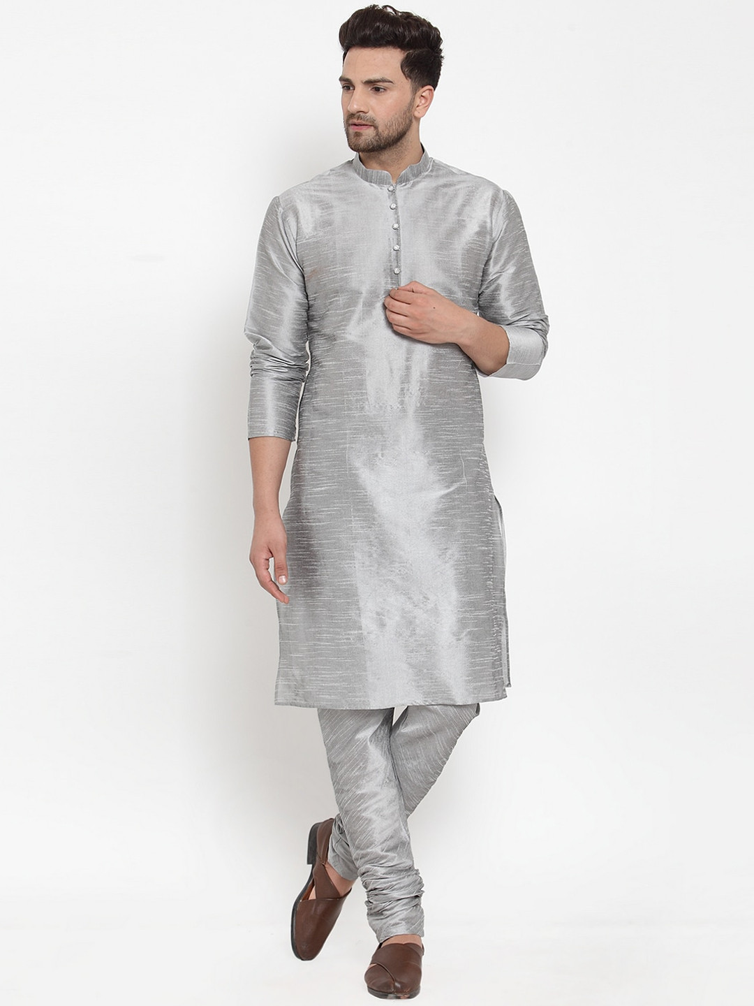 KRAFT INDIA Men Silver-Toned Striped Regular Dupion Silk Kurta with Churidar
