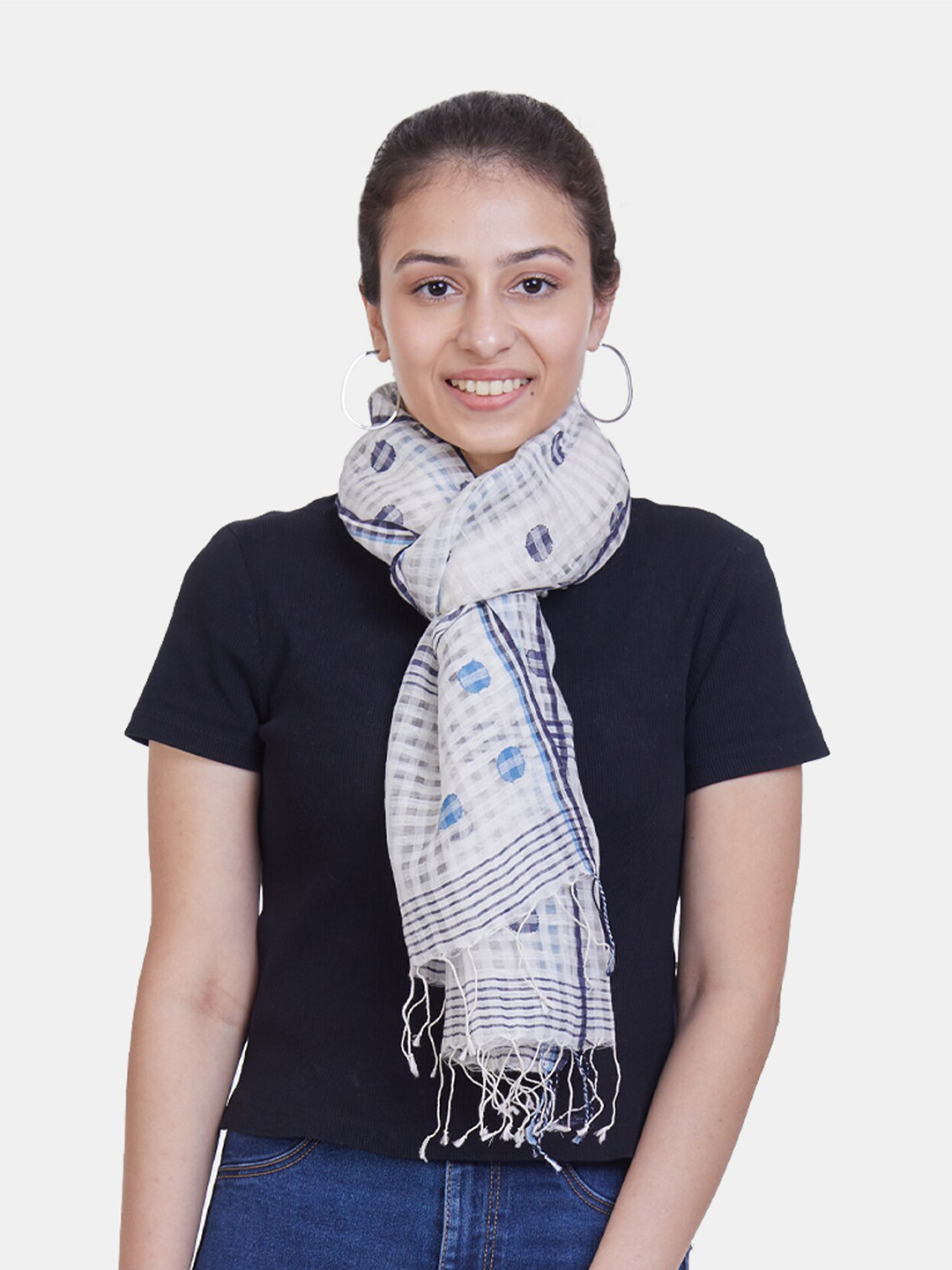 ASVA Women White & Blue Printed Scarf