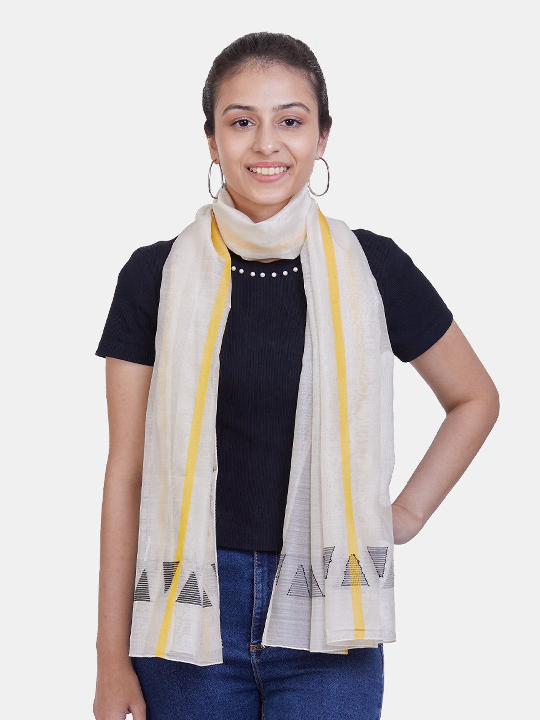 ASVA Women Off White & Black Striped Scarf