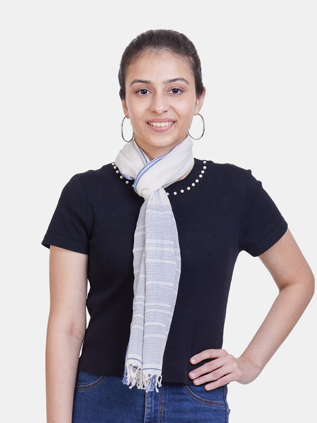 ASVA Women White & Grey Striped Scarf