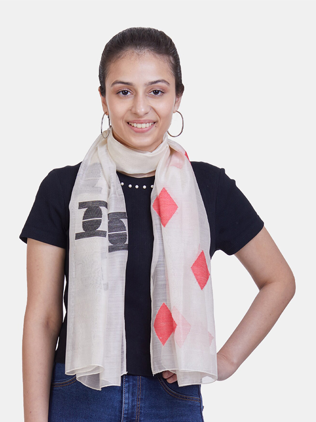 ASVA Women White & Peach-Coloured Printed Scarf