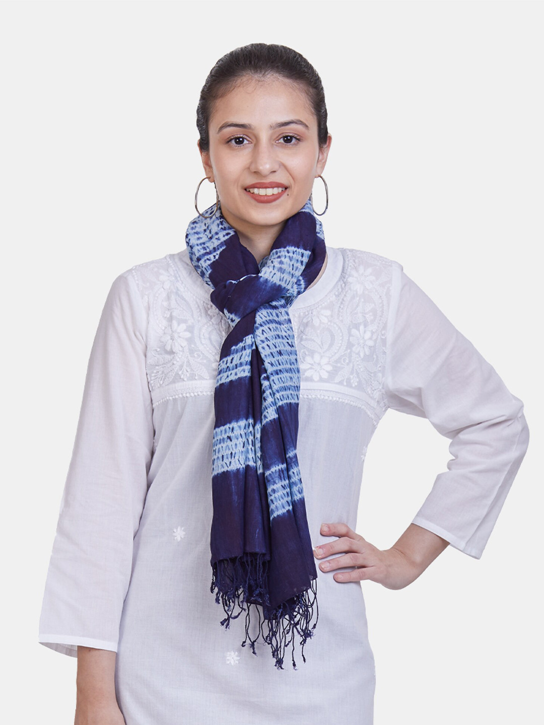 ASVA Women navy Blue Shibori Scarf with Self Tassels