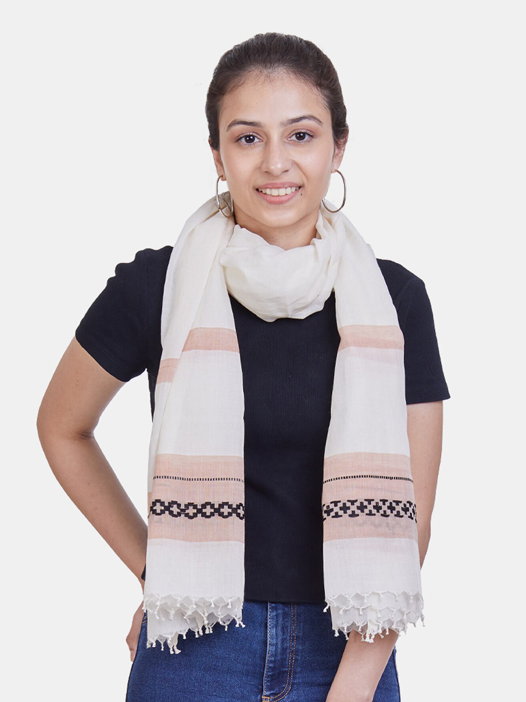 ASVA Women White & Pink Printed Scarf